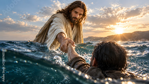 Jesus christ pulling a drowning man from the sea to safety at sunset
