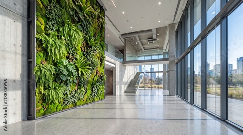 Modern Building Glass Facade Hallway Featuring Floor to Ceiling Vertical Green Wall
