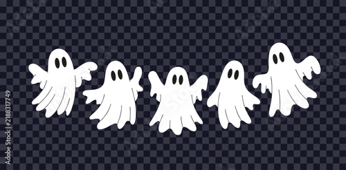 Bild auf Leinwand Spooky Ghost Companions: Five playful, cartoonish white ghosts dance and float in a charming display against a dark, transparent background, embodying the spirit of Halloween fun
