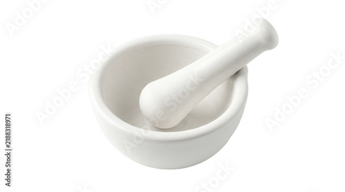 Obraz na płótnie A white ceramic mortar and pestle set for grinding herbs, spices, or medicinal i