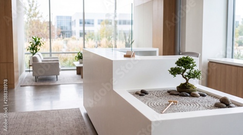 Zen Reception Lobby Featuring White Minimalist Counter and Bonsai Tree