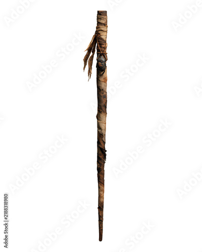 Handcrafted wooden walking stick wrapped with leather strap and decorative stone detail isolated on white background