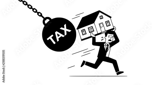 Foto Stressed businessman running away from a heavy tax burden on his property