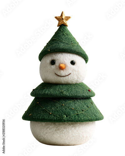 Cute snowman figure wearing green layered tree costume with golden star on top isolated on background