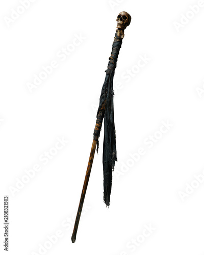 Old wooden staff with skull decoration and hanging black cloth strip in isolated view on background