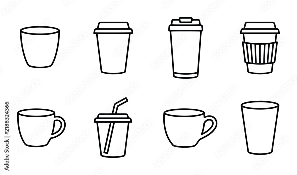 Obraz premium Coffee Cup Icons Set, Beverage Drinkware Vector Graphics, Hot Cold Drink Containers Collection