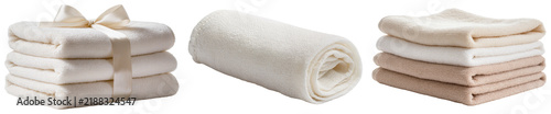 Three different stacks of soft, fluffy towels isolated on a transparent background