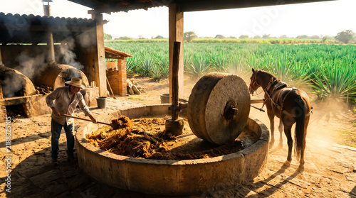 Traditional Agave Processing with Horse Drawn Stone Wheel and Man