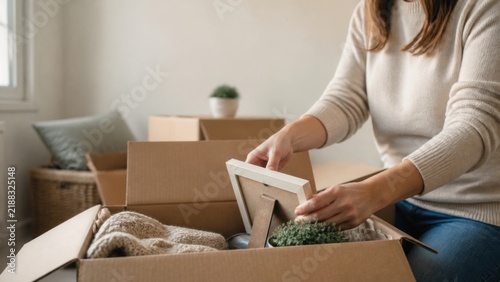 Young woman carefully packs personal items and framed photos into cardboard boxes while preparing for a home relocation or real estate sale