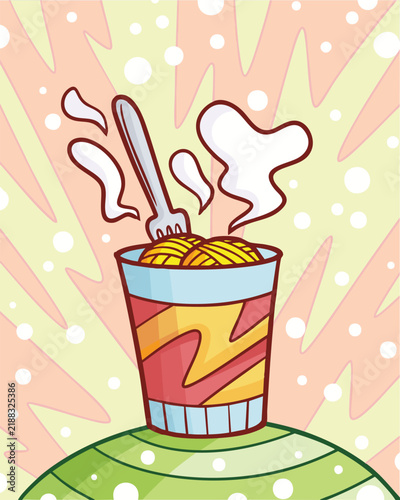 Funny hot cup noodle with fork on it cartoon illustration