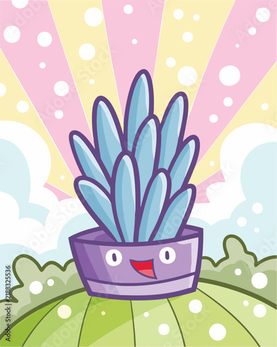 Cute and funny blue green succulent in a purple pot cartoon character