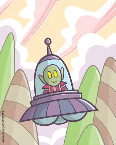 Funny UFO with alien inside flying through the mountains cartoon illustration