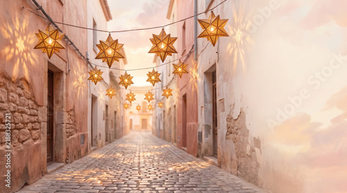 Star-shaped lanterns hanging over cobblestone alley at sunset