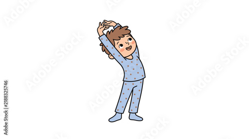Cartoon boy stretching after waking up character vector illustration