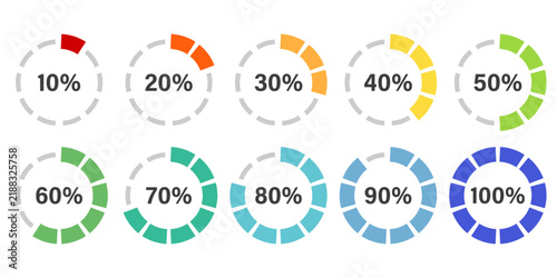 Progress indicator started 10 finished 100 percent icon in flat style. Chart dashboard vector illustration on isolated background. Loading progress sign business concept.