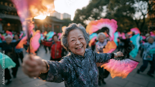 Happy Senior Woman Performing Traditional Fan Dance Outdoors