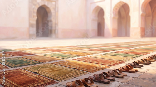 Prayer rugs and sandals lined up outside mosque arches
