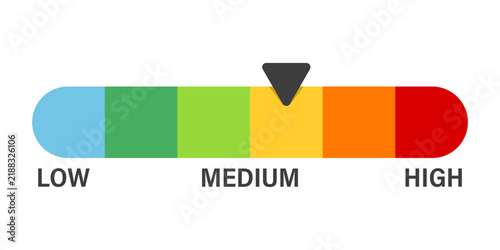 Risk meter icon in flat style. High, low, medium level vector illustration on isolated background. Speedometer, barometer sign business concept.