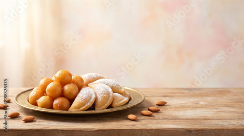 Plate of traditional sweets with powdered sugar and almonds