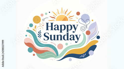 Happy Sunday greeting, boho sun and waves vector, pastel floral typography