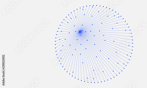 Blue abstract circular connection lines with dots radiating from a central node. Minimalist technology network and data visualization vector illustration.