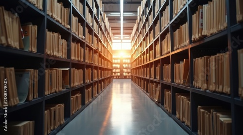 Obraz w ramie Archivo de biblioteca moderna con innumerables estanterías de carpetas físicas, dispuestas a lo largo de pasillos que conducen a una zona central de registros