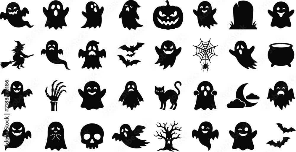 Obraz premium Spooky Halloween ghost silhouettes collection, cute monsters, jack o lantern, flying bats, skeleton hand, cauldron, and dead tree vector icons.Black Halloween silhouette vector pack, funny ghost cha
