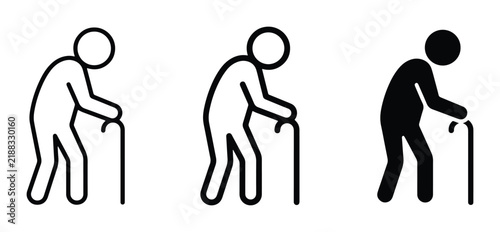 Elderly People Icons, Senior Man Walking Stick, Old Age Silhouette, Ageing Human Figures