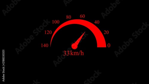 Obraz na płótnie Red speedometer gauge showing thirty three kilometers per hour speed on a dark b