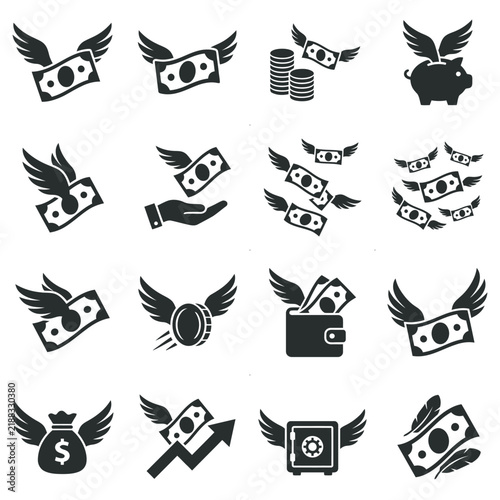 Money Flying Away Icons Representing Financial Loss and Spending.