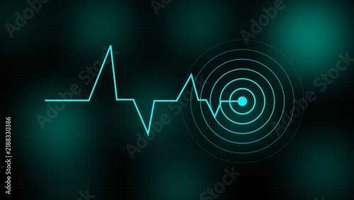 Neon blue heart rate monitor pulse line and digital radar target circle on dark background