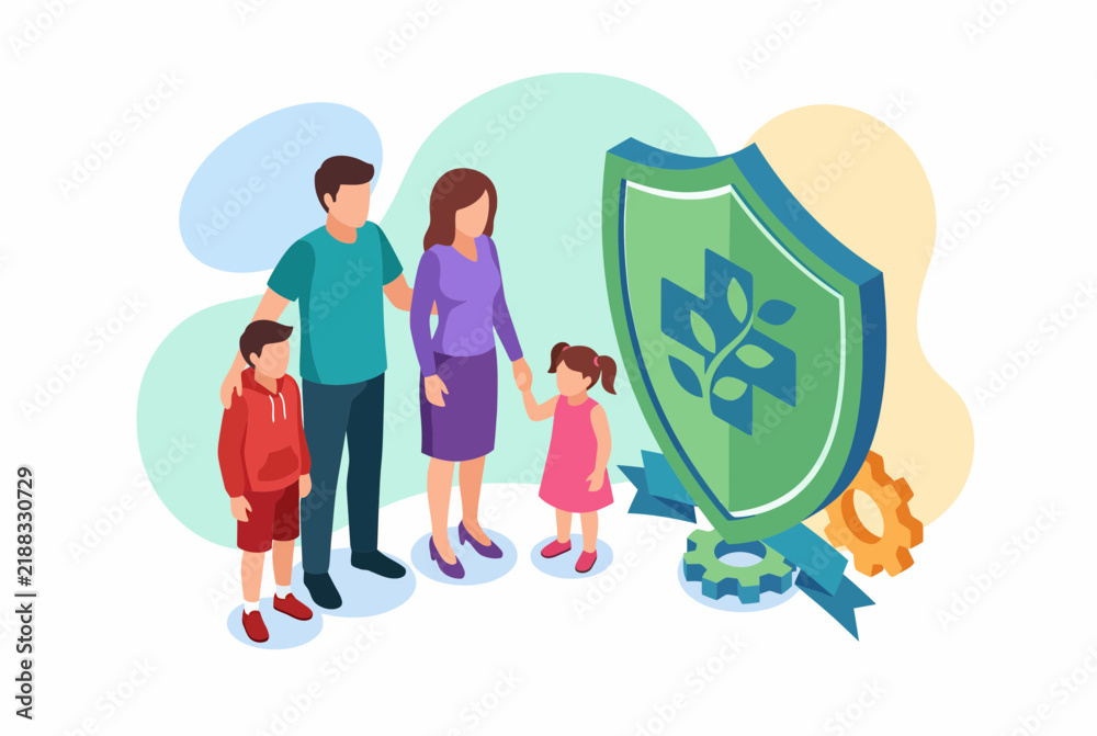 Fototapeta premium Isometric Family Health Insurance and Medical Protection Concept
