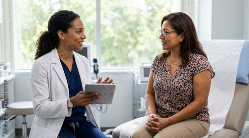 Doctor consulting with patient on tablet in examination room, diverse healthcare setting