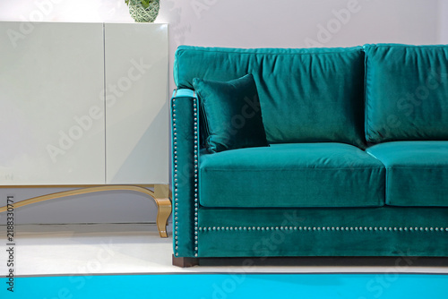 Canvas Print Blue Velvet Sofa With One Pillow Modern Home Furniture