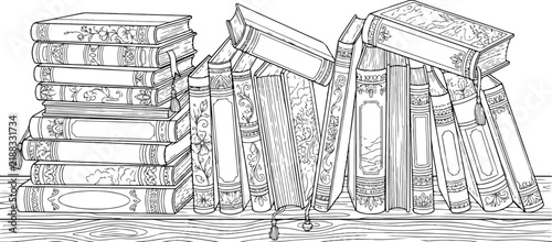 Vintage hand drawn books on shelf, antique library book collection vector, old literature sketch for education and reading