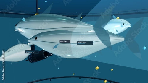 3D animation of futuristic zero waste aquaculture with AI robotic fish monitoring feeding and satiety levels in an advanced underwater farming tank