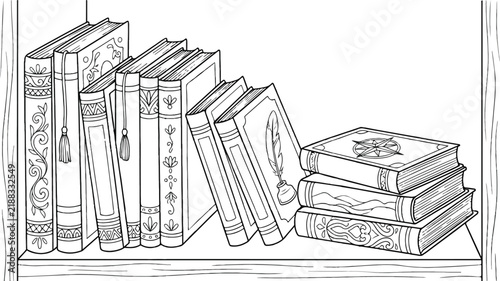 Vintage bookshelf line art, antique books on wooden shelf vector, hand drawn library coloring page for adults