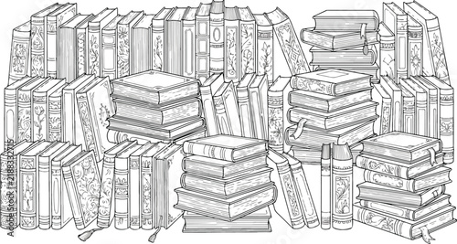 Vintage hand drawn books illustration, antique library bookshelf sketch, old literature collection vector, coloring book page