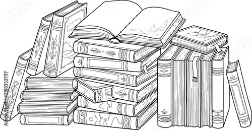 Vintage book stack line art, hand drawn antique library books vector, classic literature coloring page illustration