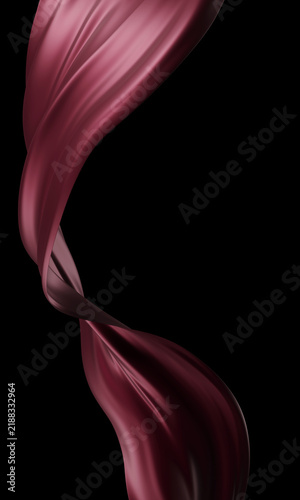 Abstract flowing burgundy silk fabric wave isolated on black background with copy space 3D render
