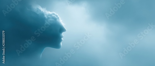 A surreal portrait showcasing a human face blending seamlessly with clouds set against a dreamy misty backdrop symbolizing the bond between nature and human imagination