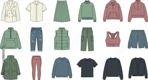 Set of various casual and sporty clothing items for men and women, including jackets, shirts, pants, sweaters, and activewear