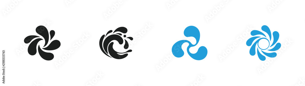 Fototapeta premium Water splash wave and dynamic spiral logo icons set featuring ocean droplet propeller and swirl vortex shapes