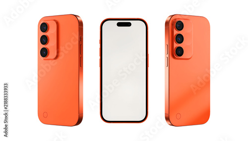Modern Dual View Orange Smartphone Mockup with Blank Screen Display and Triple Camera Isolated on White Background