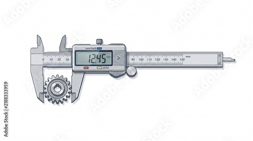 Fotografie Digital vernier caliper measuring a small metal gear with precise metric reading