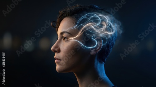 Woman with futuristic neural technology headset.