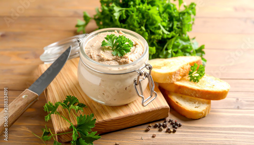 Würzige Pastete im Glas mit geröstetem Brot und Petersilie auf Holzbrett	
