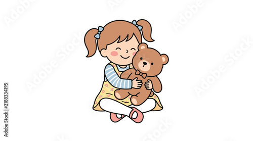 Cartoon girl hugging teddy bear cute character vector illustration