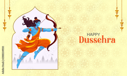 Happy Dussehra Festival Poster with Lord Rama and Traditional Indian Celebration Design