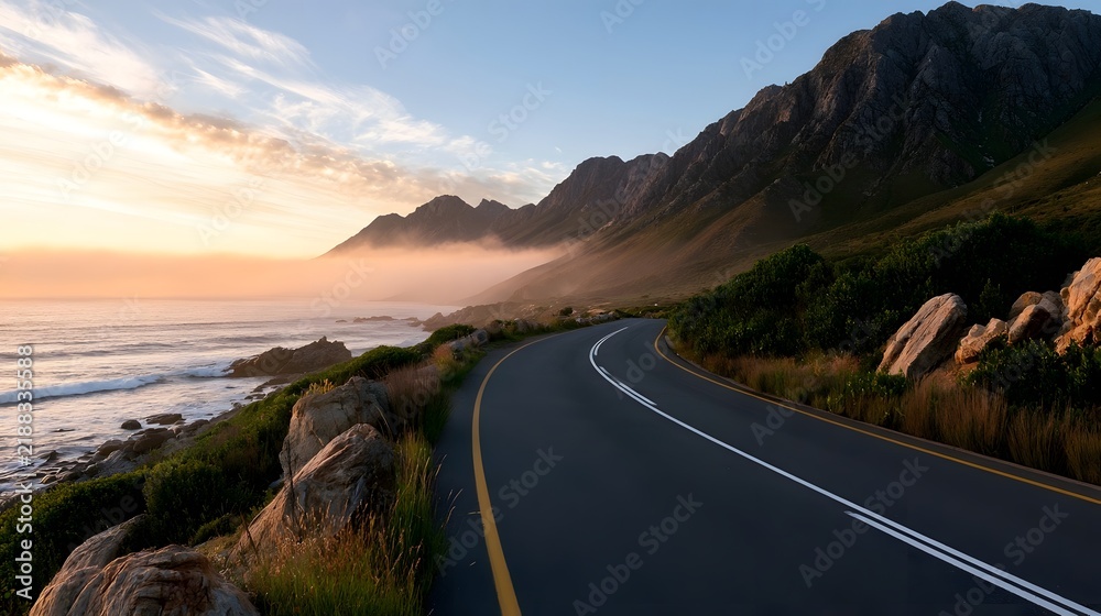 Obraz premium A winding coastal road curves along the ocean with rugged mountains rising in the background under a soft sunrise sky